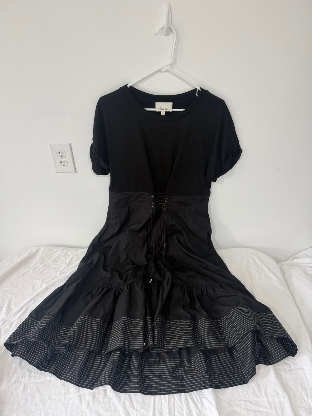 3.1 Phillip Lim Black Corset-Detail Tiered Midi Dress - Large